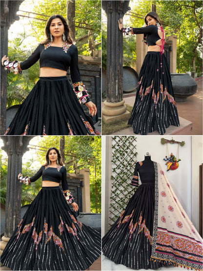 Navratri special Heavy Muslin Cotton Lehenga with Digital Print & Real Mirror Work - ALC-94