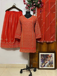 Designer kurti and flared palazzo set in orange color with heavy sequins and zari Embroidery work