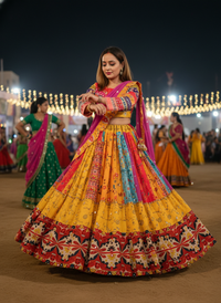 Vibrant yellow color Real Mirror Work Navratri Lehenga With Elegant Pink Color Dupatta