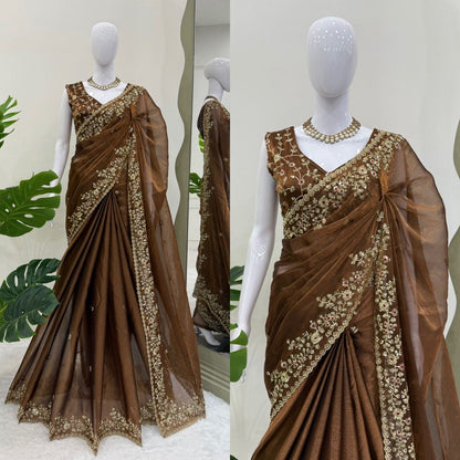 Designer Barbari Silk Saree with Thread & Sequence Work & Unstitched Blouse
