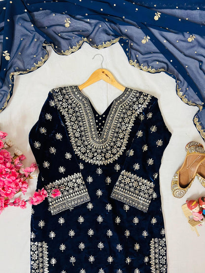 Lc 1409- Two tone blue colour velvet suit