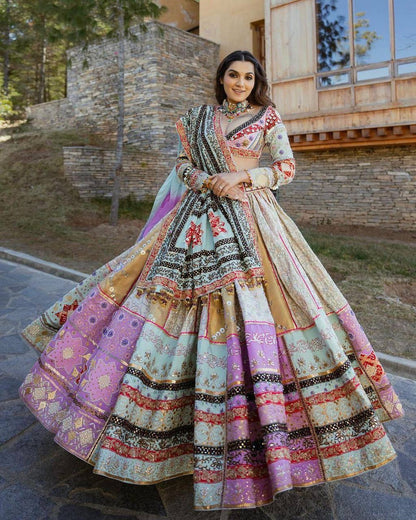 Heavy Muslin Cotton Lehenga with Digital Print & Real Mirror Work - Alc 079