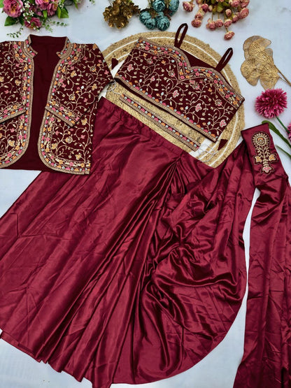 Ready To Wear Diamond Satin Silk Saree with Jacket & Embroidery Belt