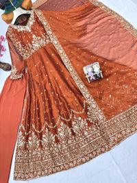 Party Wear Rangoli Silk Anarkali Gown in Rusty Orange