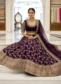 Royal Wine Banarasi Silk Semi Bridal Lehenga Choli with Wide Zari Border