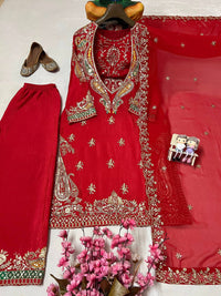 Stylish 4-pis kurti palazzo set in premium chinon silk fabric, in 4 amazing colors