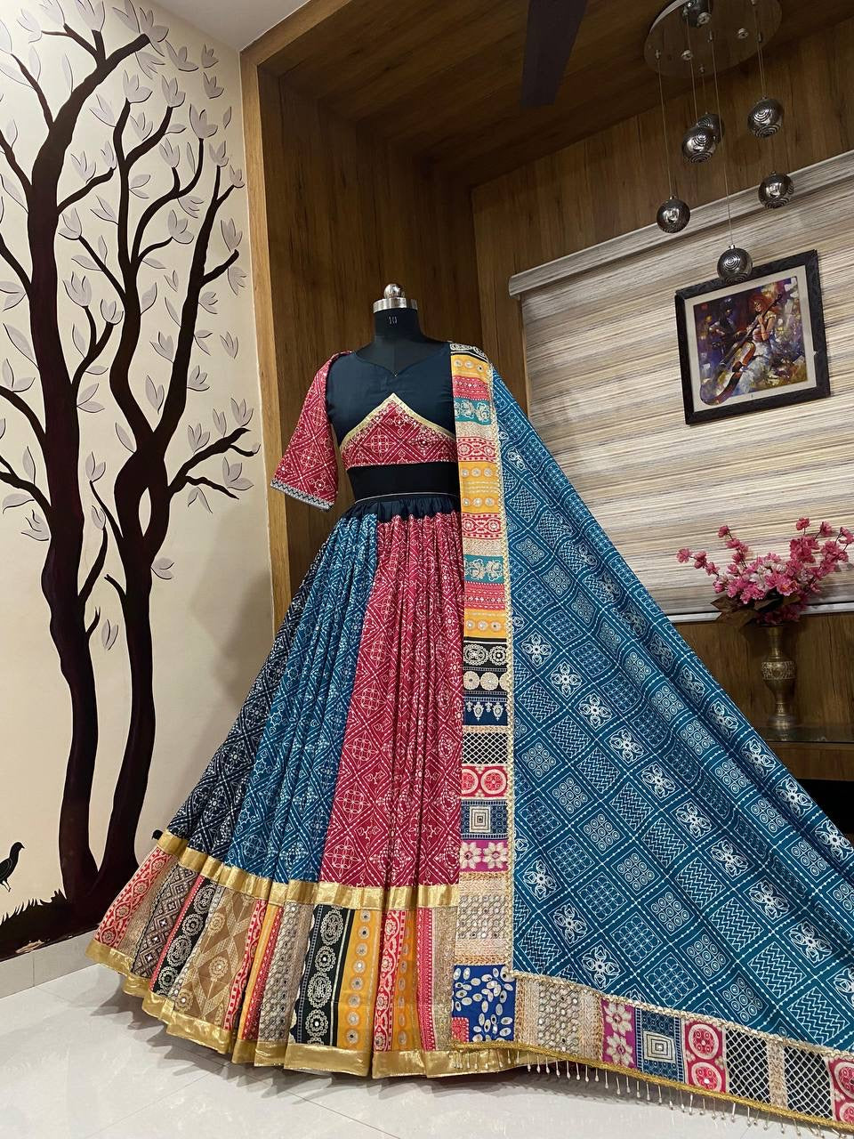 Navratri special Premium Heavy Muslin Cotton Lehenga with Digital Print & Real Mirror Work