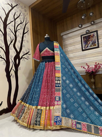 Navratri special Premium Heavy Muslin Cotton Lehenga with Digital Print & Real Mirror Work