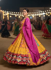 Vibrant yellow color Real Mirror Work Navratri Lehenga With Elegant Pink Color Dupatta