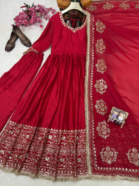 Festive Red Anarkali Gown In Chinon Silk fabric,featuring 5mm Sequin Work and Intricate Floral Embroidery