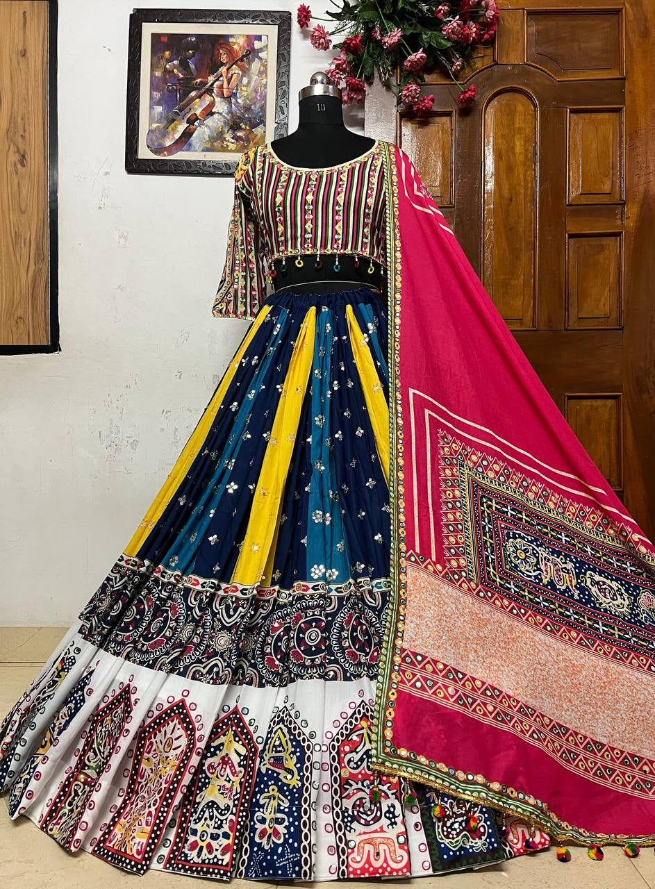 Heavy Muslin Cotton Lehenga with Real Mirror Work & Pompom Lace - ALC 053