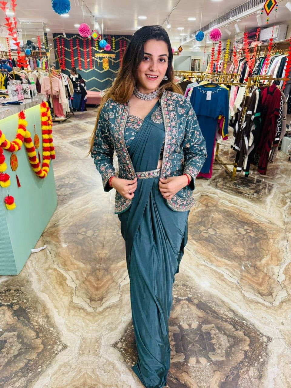 Ready To Wear Diamond Satin Silk Saree with Jacket & Embroidery Belt