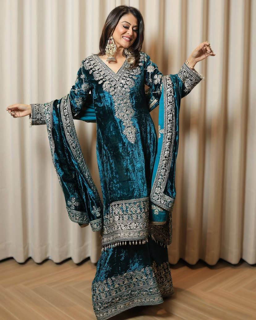 Lc 1333- velvet rama colour suit with embroidery work