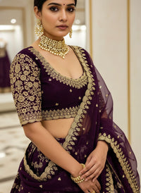 Royal Wine Banarasi Silk Semi Bridal Lehenga Choli with Wide Zari Border