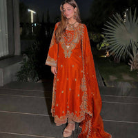 Stylish 4-pis kurti palazzo set in premium chinon silk fabric, in 4 amazing colors