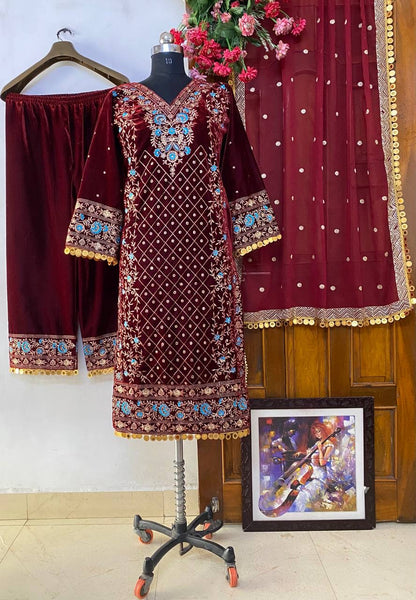 LC 1183- beautiful velvet suit in heavy embroidery work