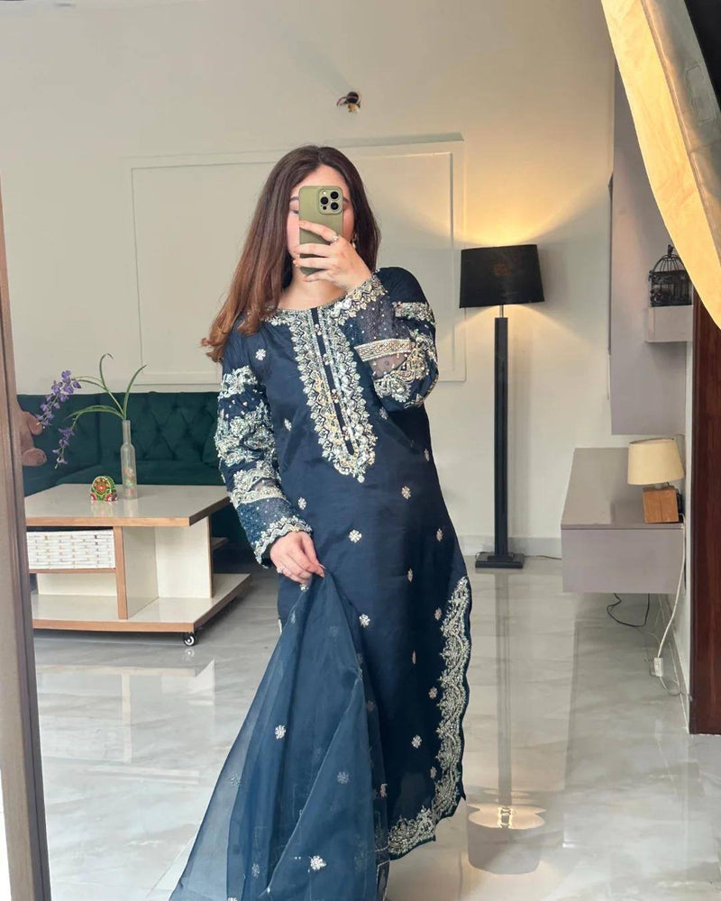 Beautiful and trending long kurti palazzo set in beautiful sequins and thread Embroidery work