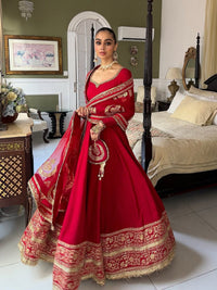 Festive Red Anarkali Gown In Chinon Silk fabric,featuring 5mm Sequin Work and Intricate Floral Embroidery