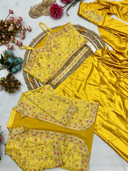 Ready To Wear Diamond Satin Silk Saree with Jacket & Embroidery Belt