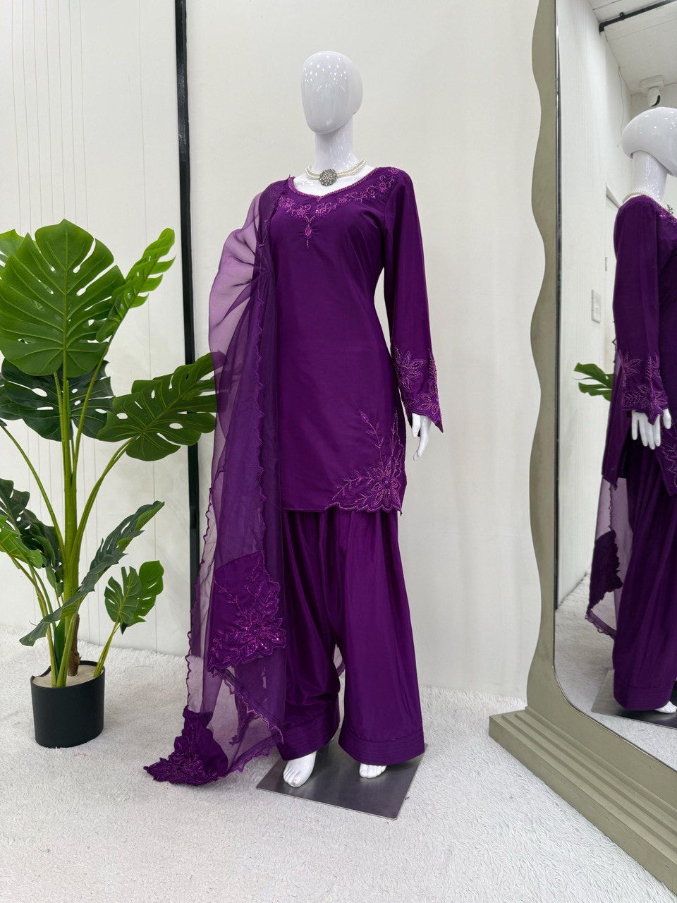 Premium Natural Crepe Top & Farshi Salwar Set with Beads & Thread Work