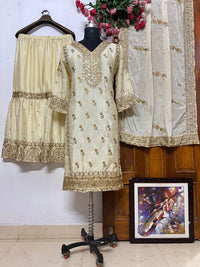 All time hit long kurti plazzo set in premium chinon silk with sequins & zari Embroidery work