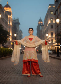 Pure Tissue Silk Kurti Palazzo Set with Dupatta in Ivory color — LC 1446