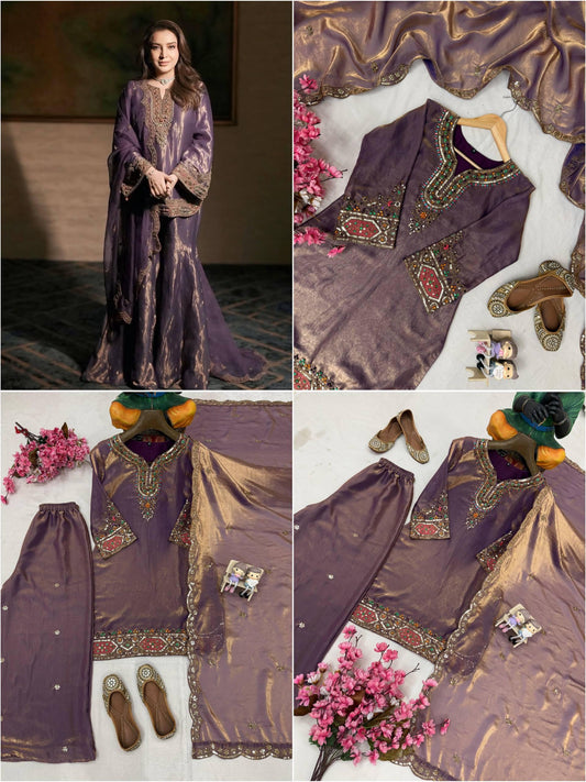 New Moss Tissue-silk Kurti-Palazzo set with elegant Embroidery work and Multicolored  stone work