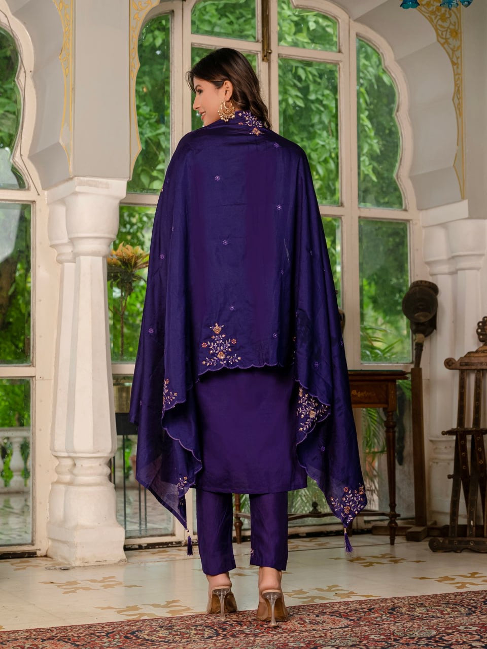 Elegant Marina Silk Straight Kurti Pant Dupatta Set with Multi Embroidery & Hand Work