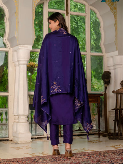 Elegant Marina Silk Straight Kurti Pant Dupatta Set with Multi Embroidery & Hand Work