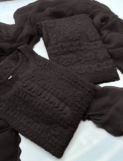 Designer chicken work kurti & pant set with chicken Embroidery work & Dupatta - FFBE-354