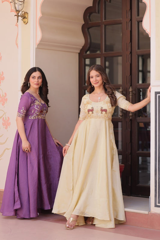 Premium Readymade Designer Gold Crush Gown with Beads Embroidery & Umbrella Flair