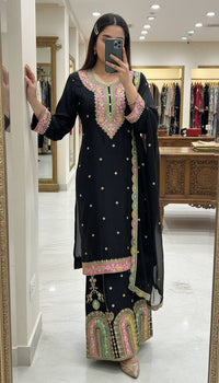 Black & White Kurti Palazzo Set in premium chinon silk fabric with multy color thread Embroidery work