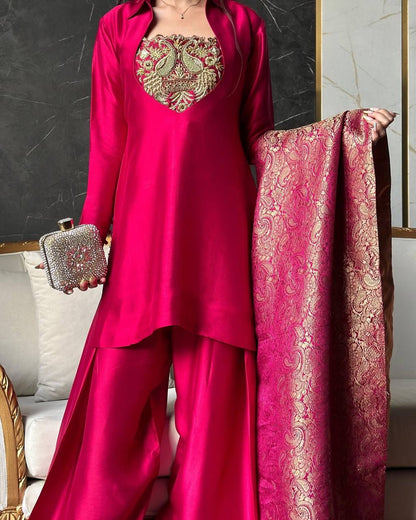 Designer Party Wear Top with Farshi Salwar - Malay Satin Silk - FFmc 2019