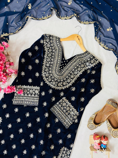 Lc 1409- Two tone blue colour velvet suit