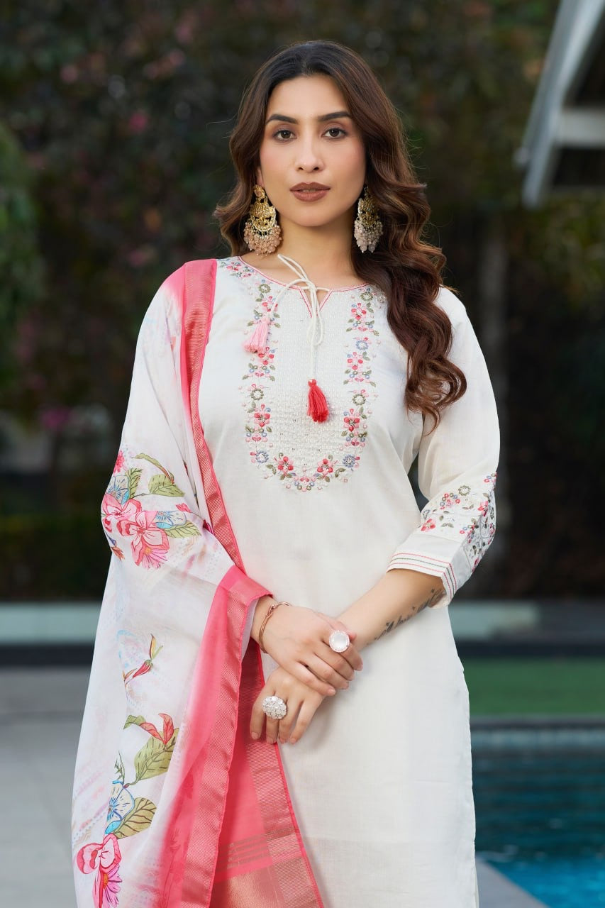 Elegant Viscose Silk Straight Kurti Pant Dupatta Set with Multi Embroidery & Hand Work