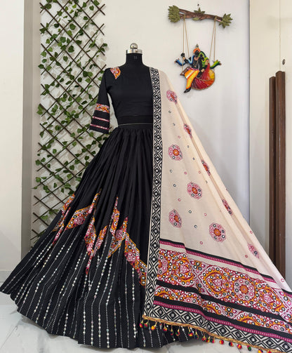 Navratri special Heavy Muslin Cotton Lehenga with Digital Print & Real Mirror Work - ALC-94