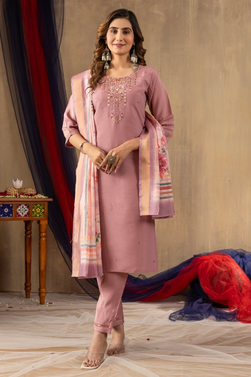 Elegant Shimmer Gold Silk Straight Kurti Pant Set with Multi Embroidery - FFdiva 109