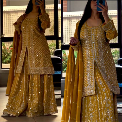 Designer Party Wear kurti- Flaired Palazzo & Dupatta with Heavy Embroidery - FFMF-449