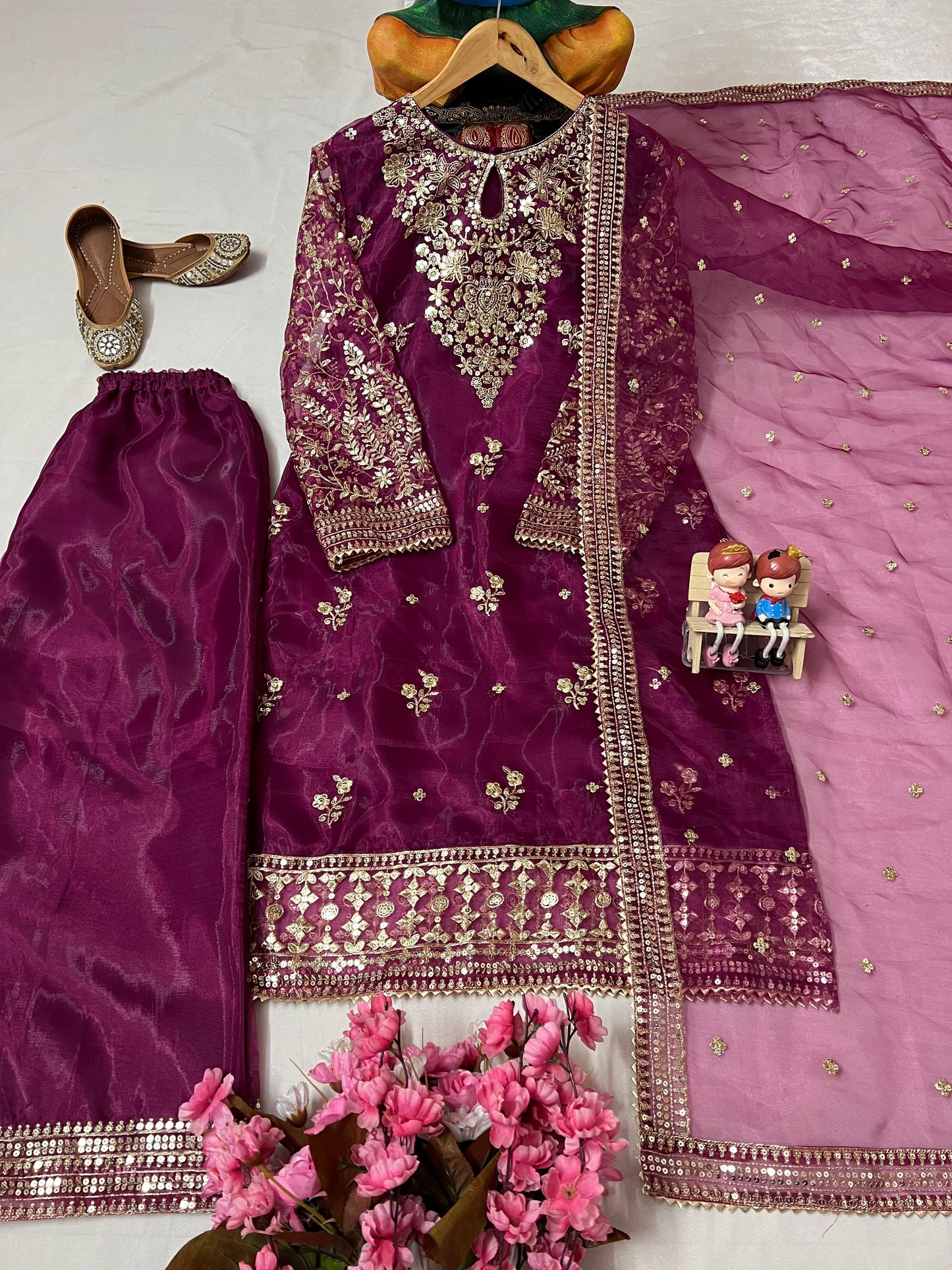 Organza Silk Kurti Palazzo Set with Zari & Sequin Embroidery - LC 1371