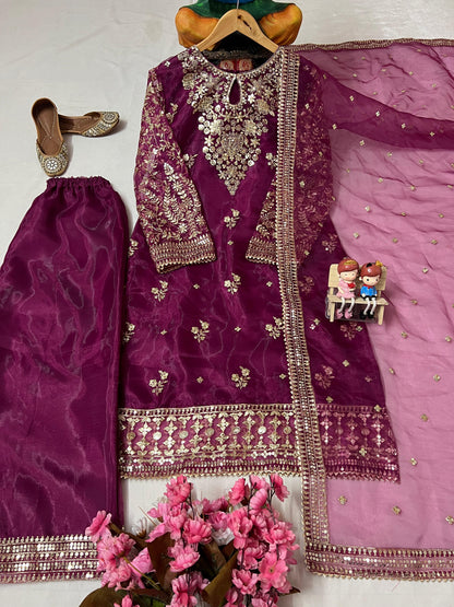 Organza Silk Kurti Palazzo Set with Zari & Sequin Embroidery - LC 1371