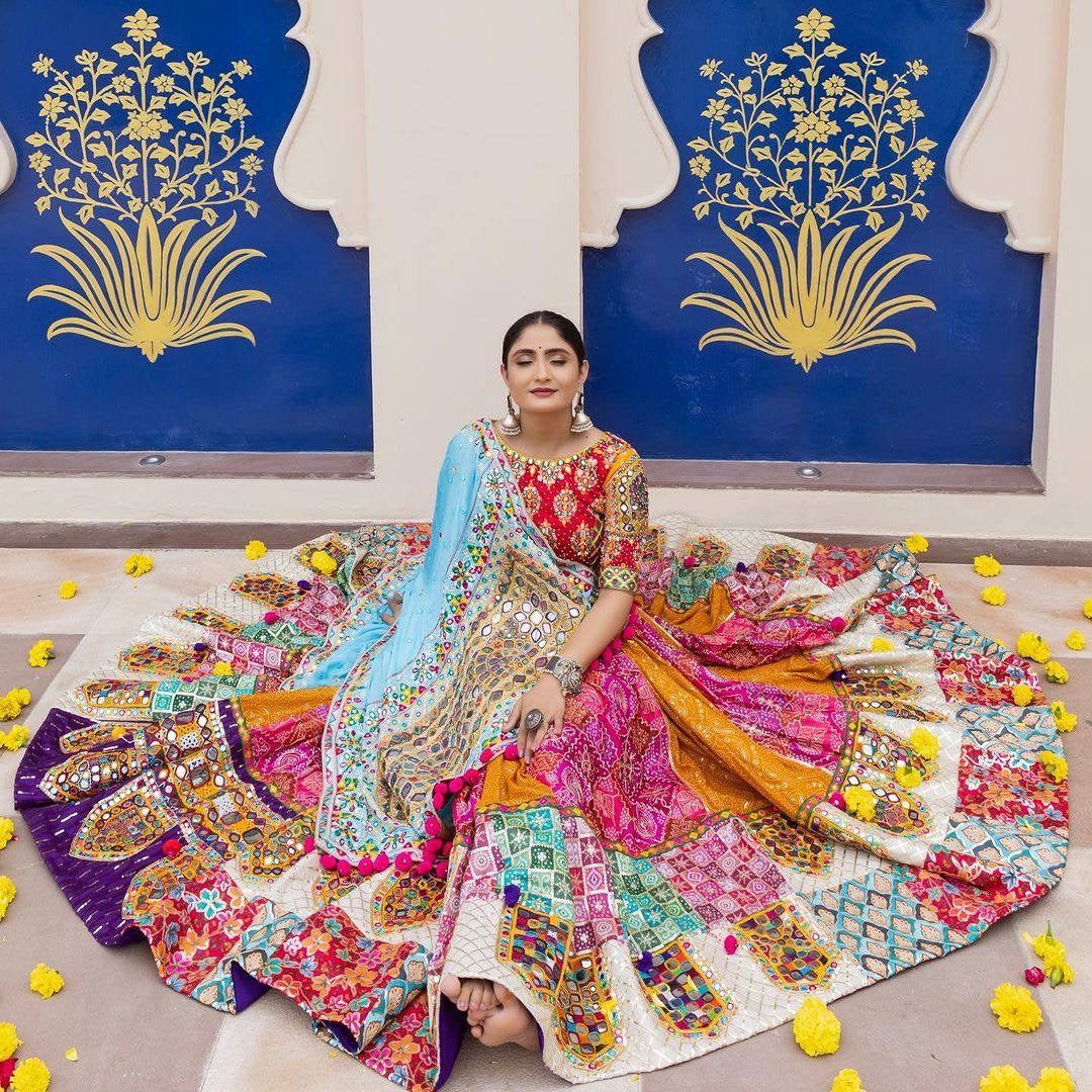 Navratri Special Premium Heavy Muslin Cotton Lehenga with Digital Print & Real Mirror Work