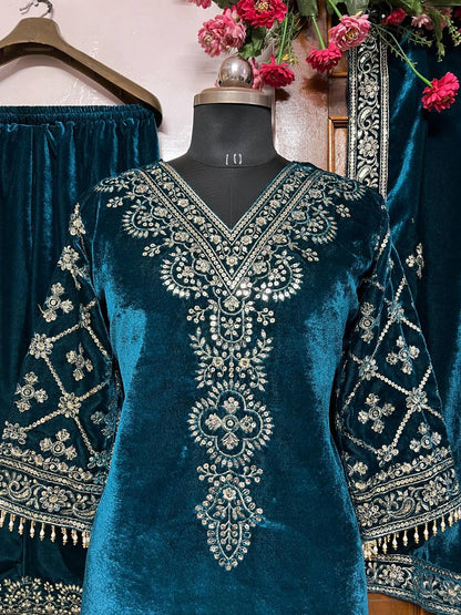 Lc 1333- velvet rama colour suit with embroidery work