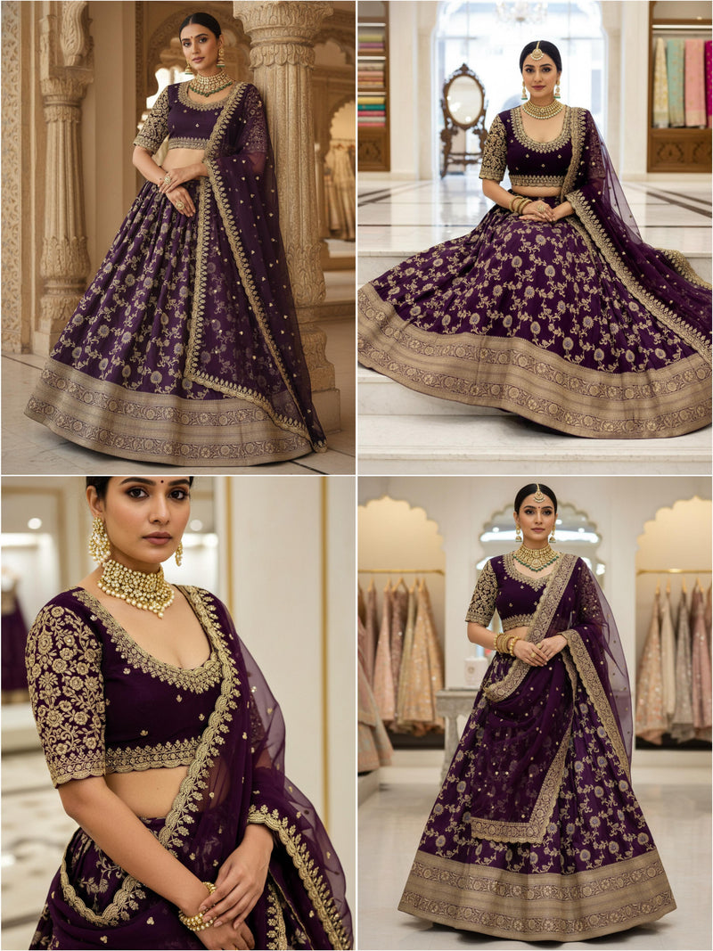Royal Wine Banarasi Silk Semi Bridal Lehenga Choli with Wide Zari Border