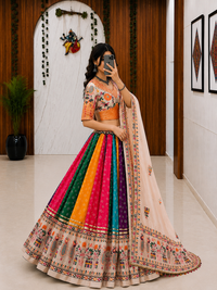 Designer navratri and wedding special lehenga-Choli in soft muslin cotton with digital print, real mirror work and fancy lace work