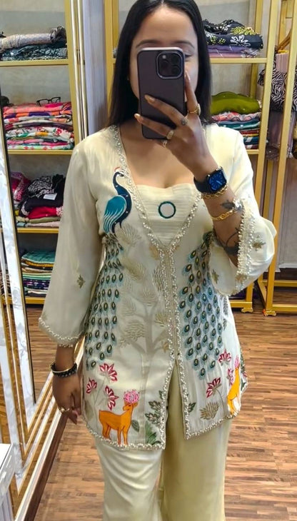 Trending Peacock Design Cord Set - Pure Tissue Simmer Silk - FFpc 494