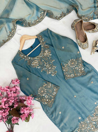 Designer Kurti-Palazzo set in premium moss tissue silk