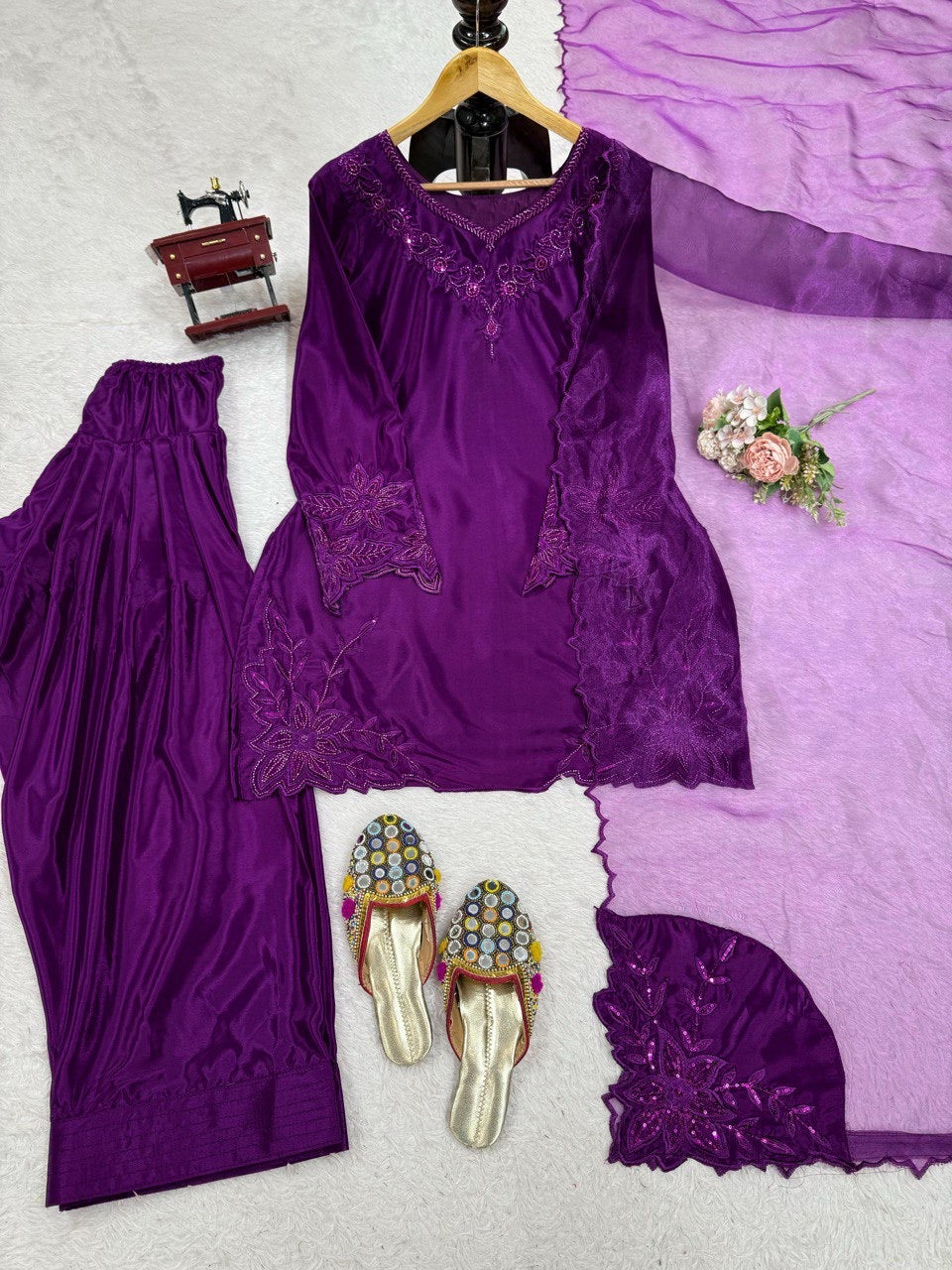 Premium Natural Crepe Top & Farshi Salwar Set with Beads & Thread Work