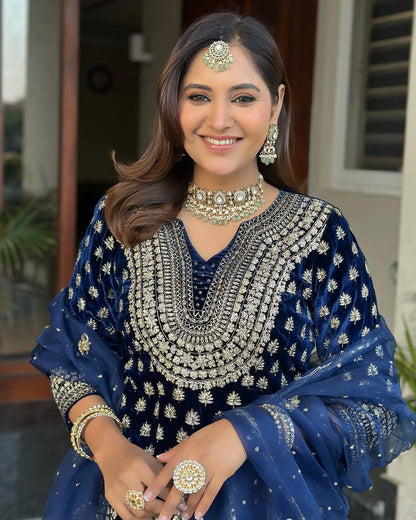 Lc 1409- Two tone blue colour velvet suit