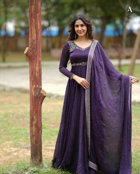 Gold Crushed Silk Gown with Thread & Sequin Embroidery - VF 206