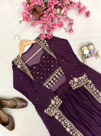 Modern Designer Semi-Bridal Wine Pink Lehenga Choli Set with Stylish Long Shrug in Premium Star Georgette Fabric for Wedding & Festive Wear